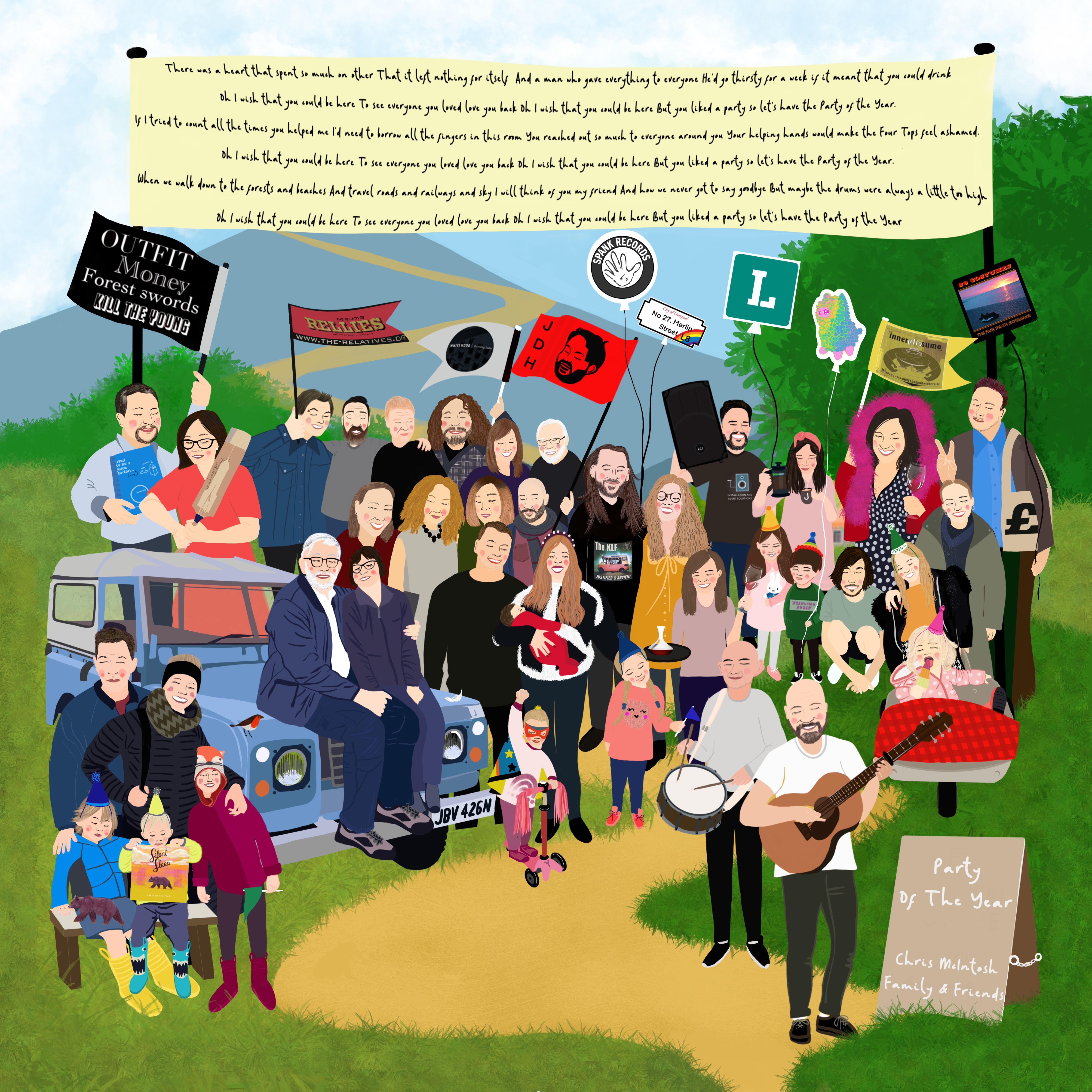 illustration of lots of people enjoying a party, in the back ground are welsh mountains
