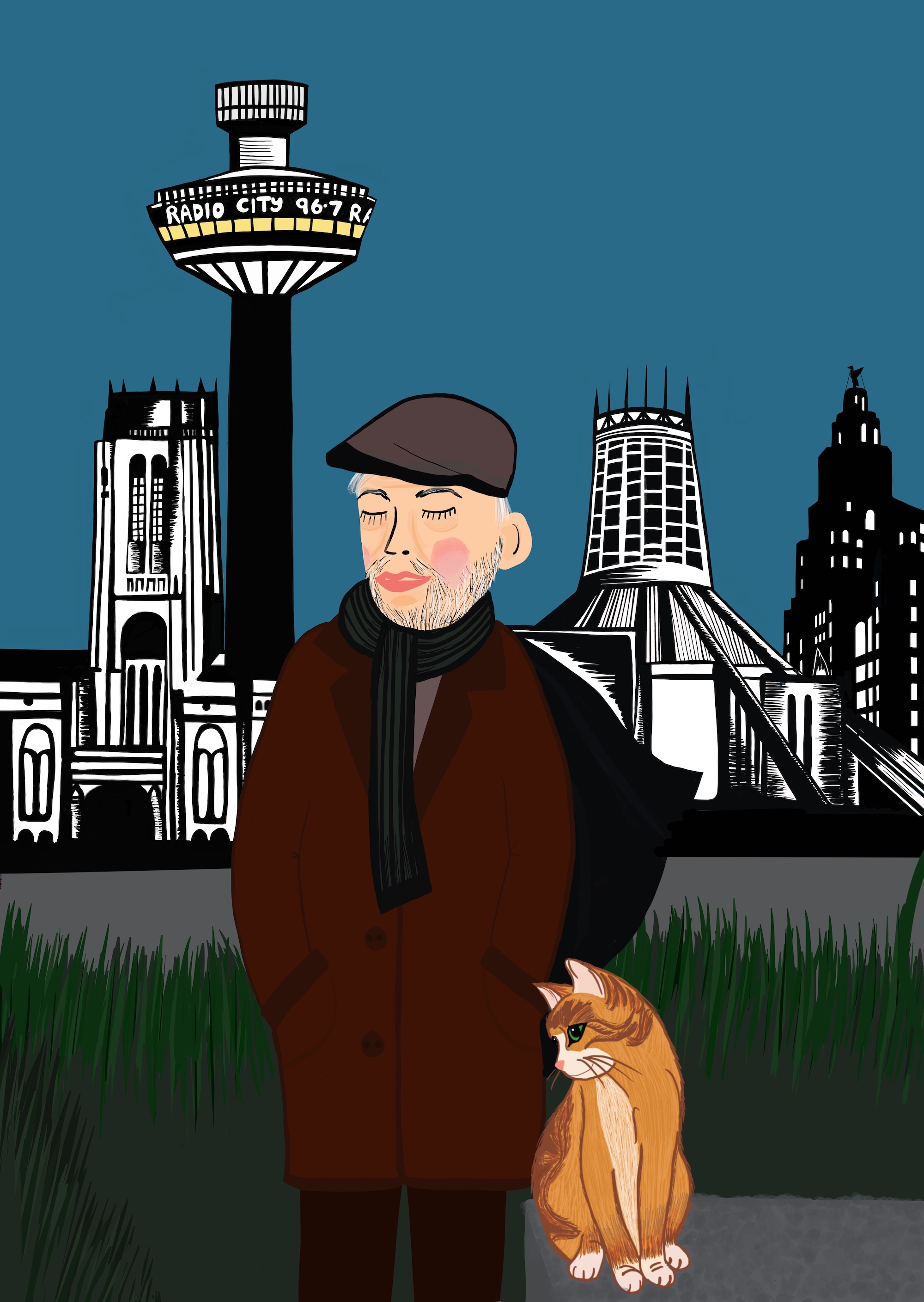 illustration of man with flat cap stood infront of liverpool city skyline with a tabby cat next to him 