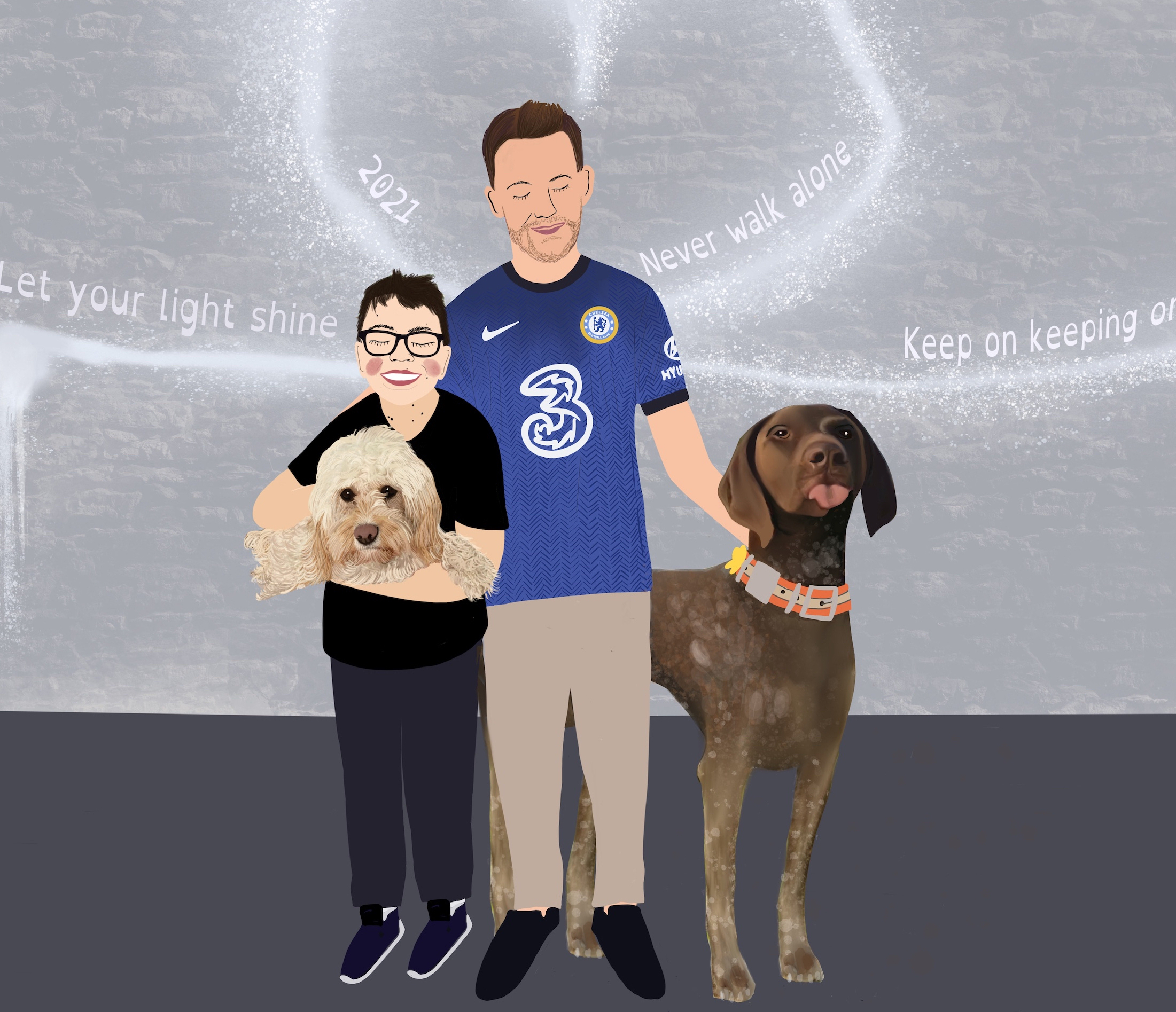 illustration of man in chelsea fc shirt with boy holding a dog and a larger dog next to him