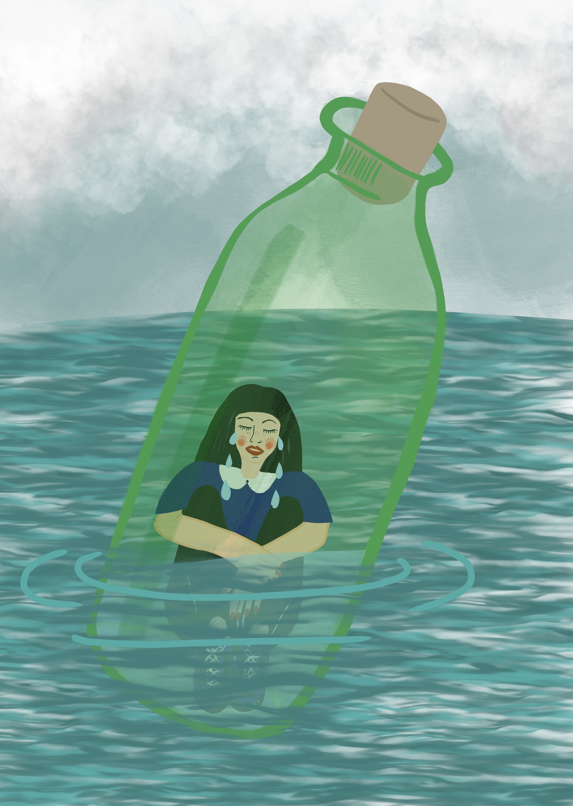 illustration of a woman trapped inside a glass bottle floating in the sea