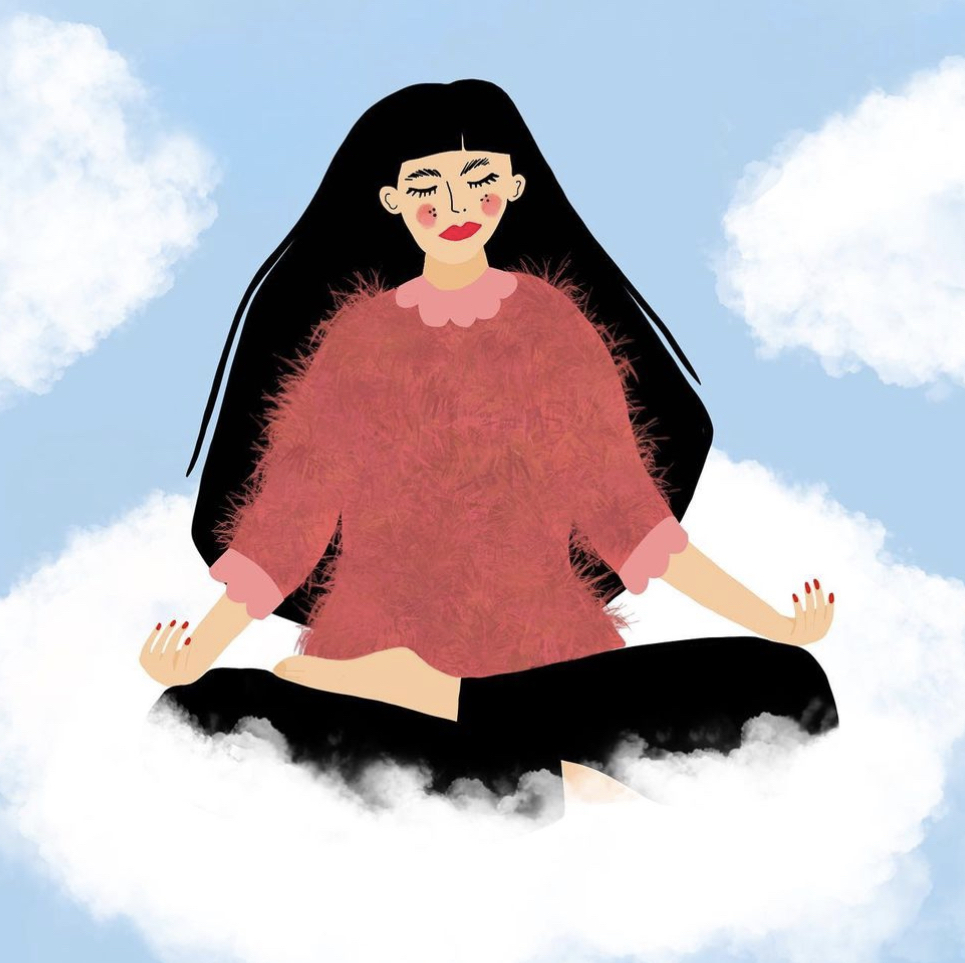 illustration of woman crossed legged sat on a floating cloud