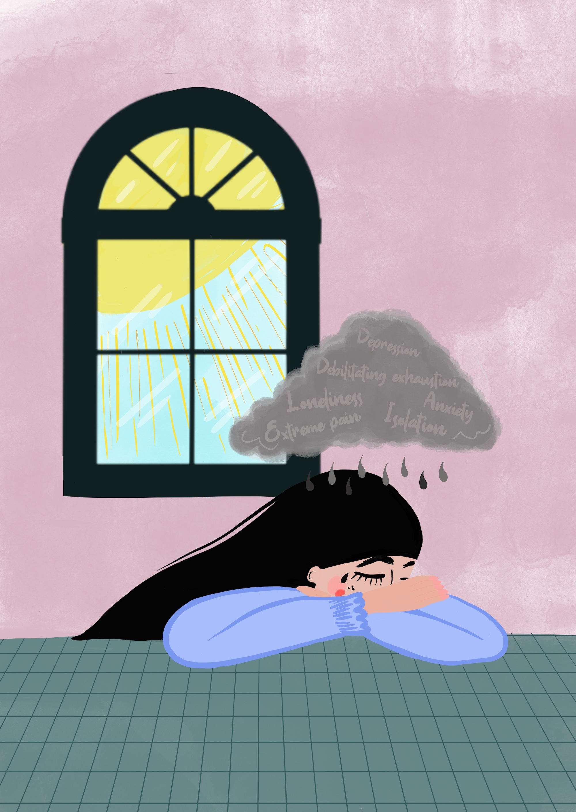 illustration of woman slumped in arms on a table with a rain cloud raining over her head