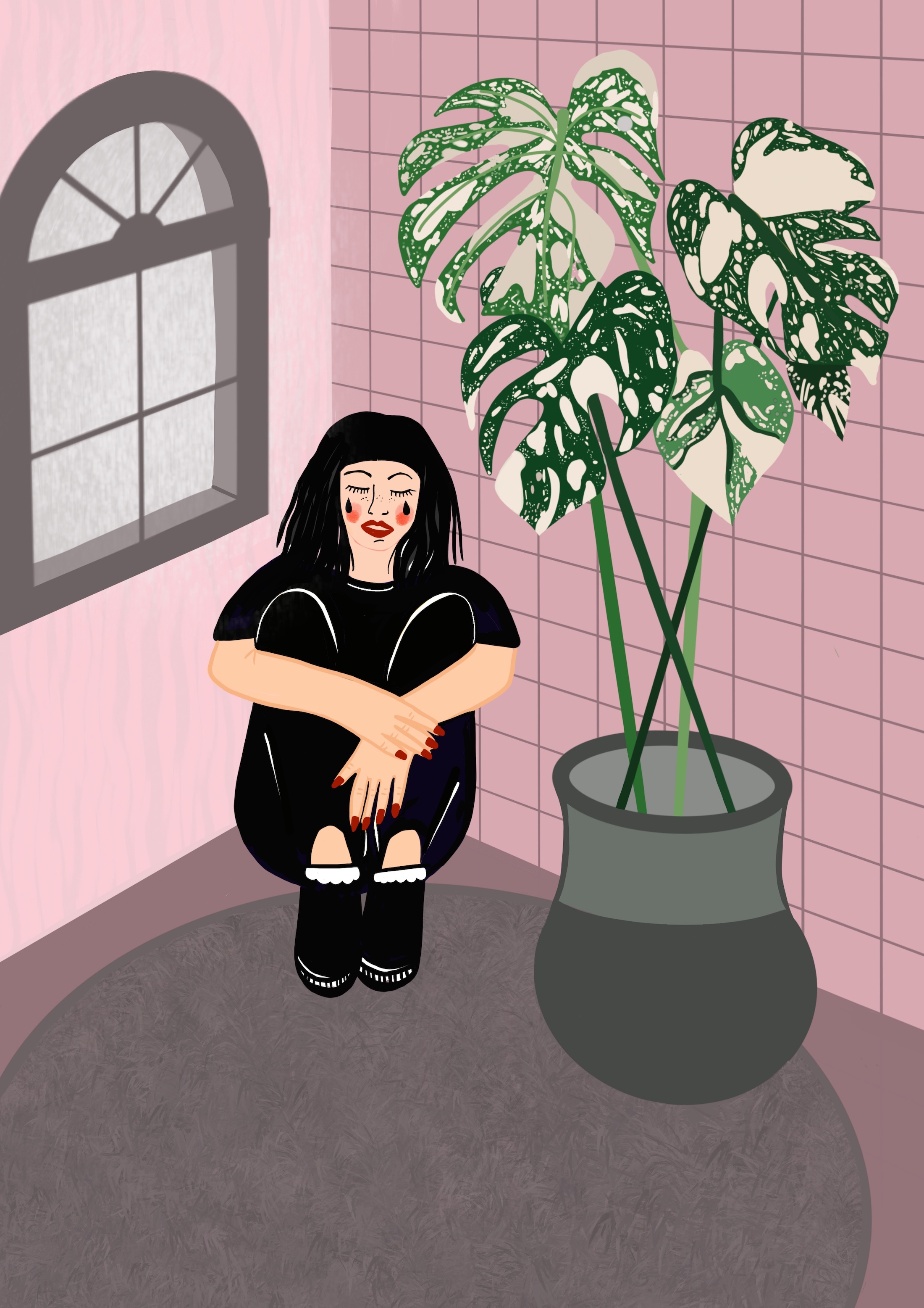 illustration of woman sat on floor in corner, there is a large plant next to her and rain on the window