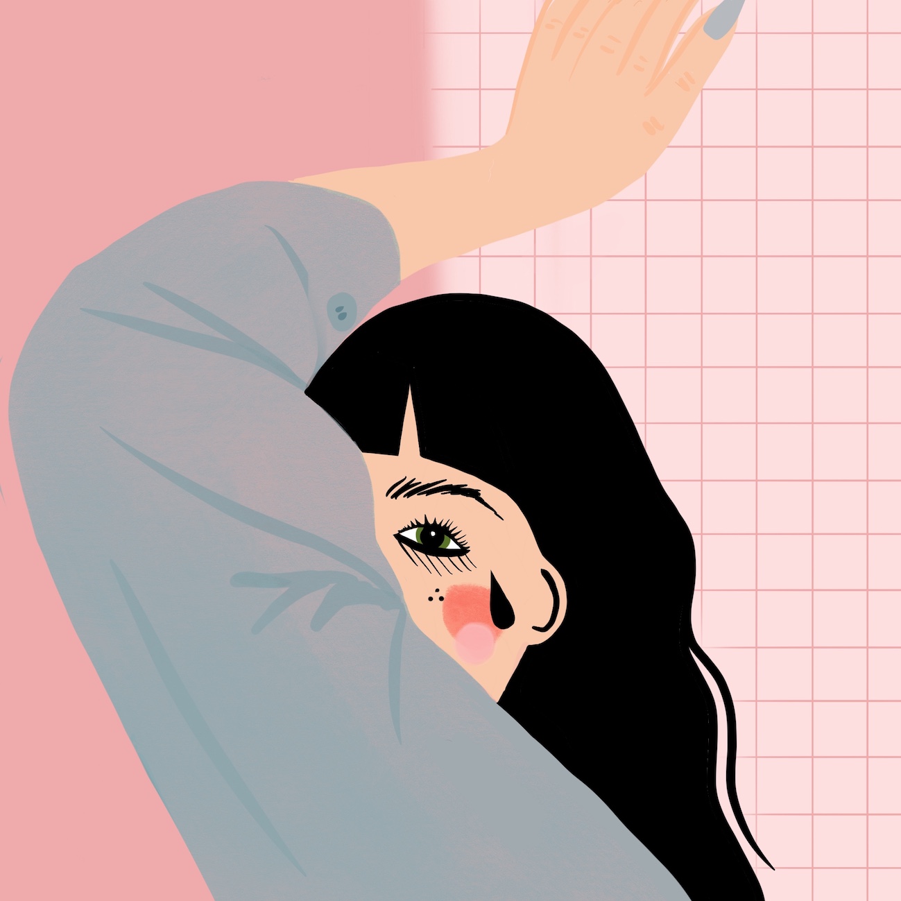 illustration of woman crying with arm covering half of her face