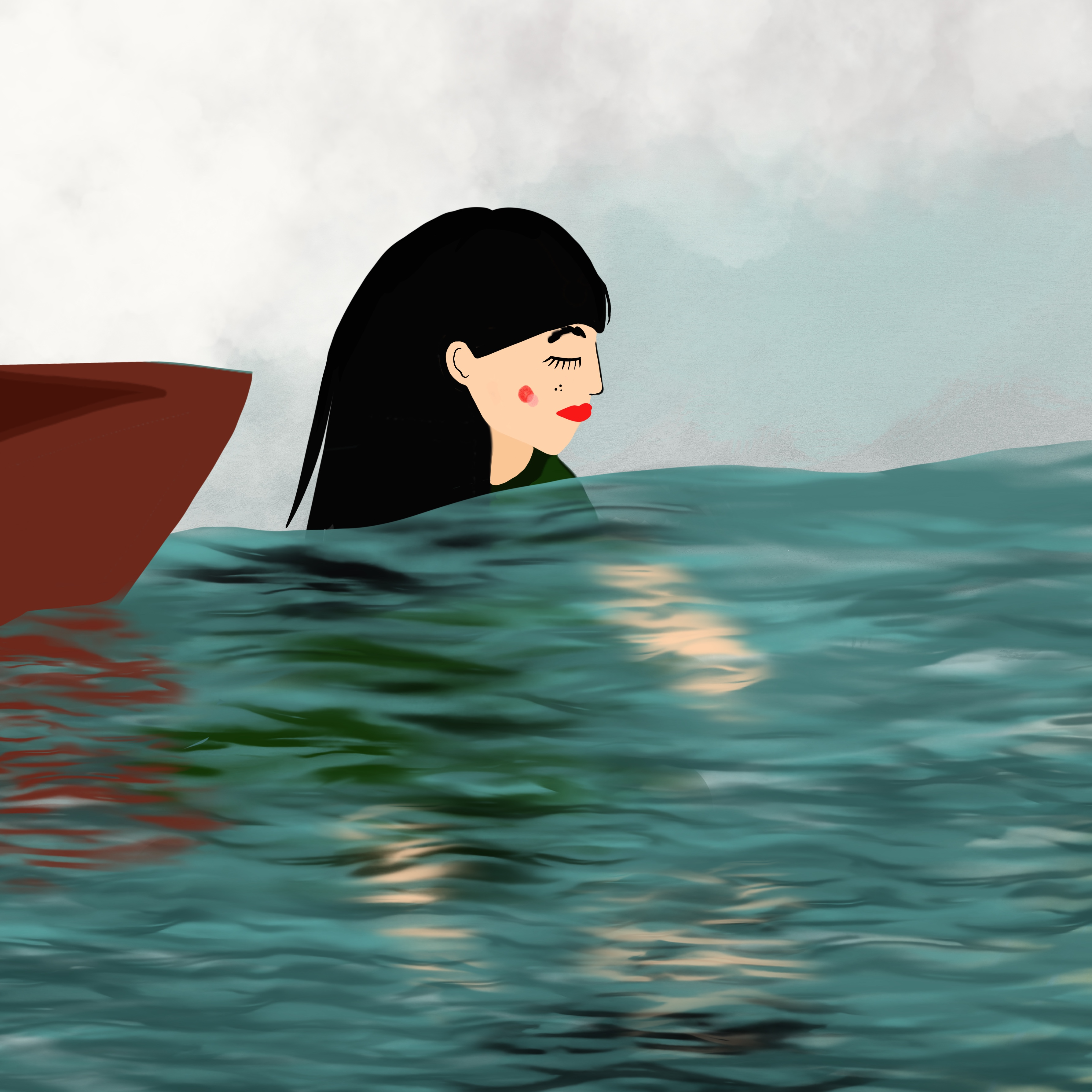 illustration of woman in the sea next to a boat