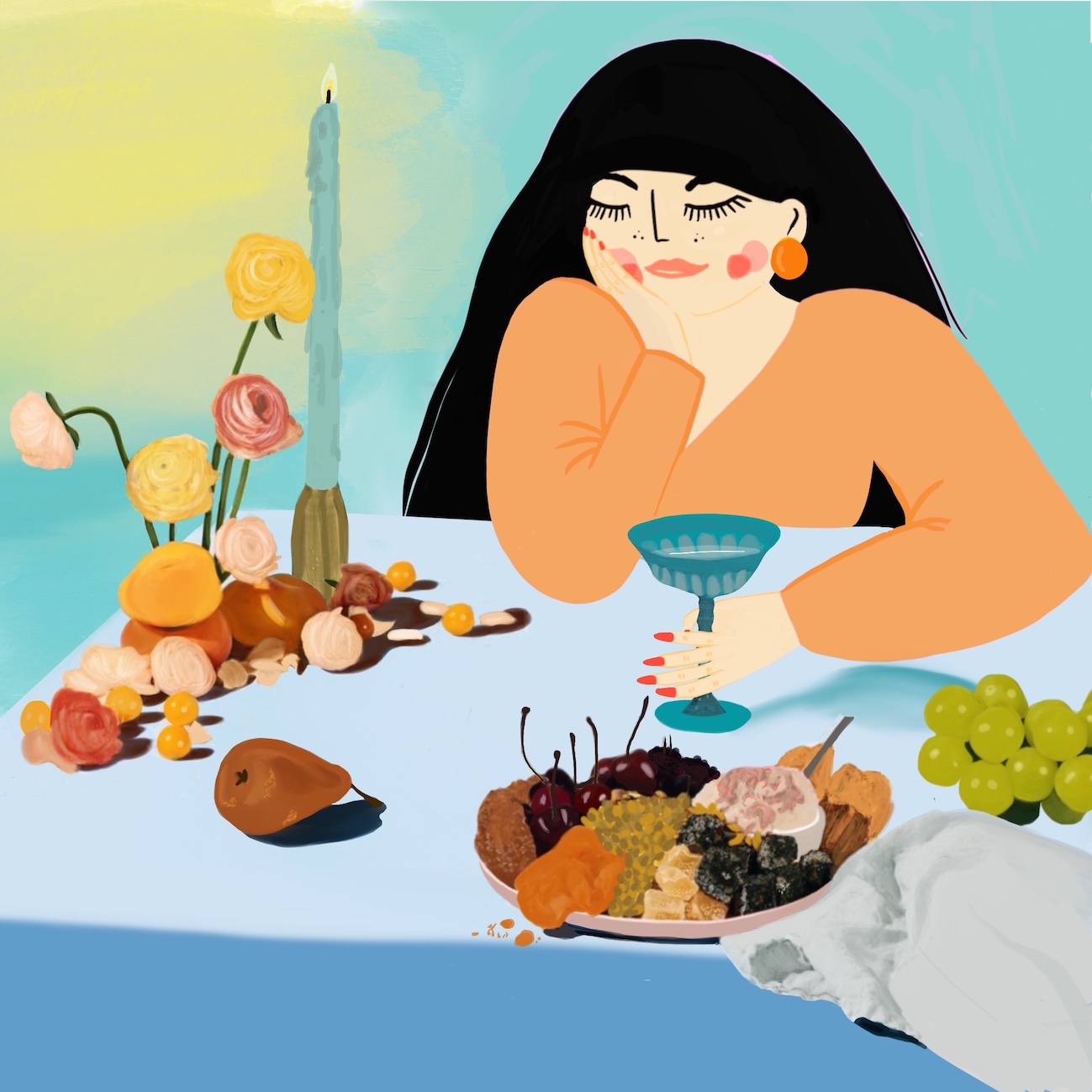 illustration of woman with orange sweater, sat at a dining table, the table has fruit and a candle stick on it, she is holding a wine glass
