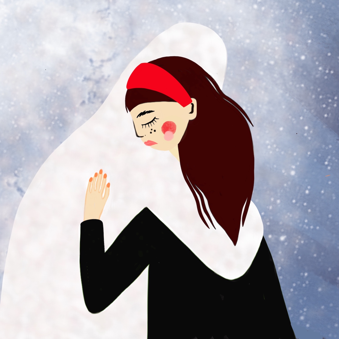 illustration of a woman with a red head band hugging a white sillohette surrounded by the night sky