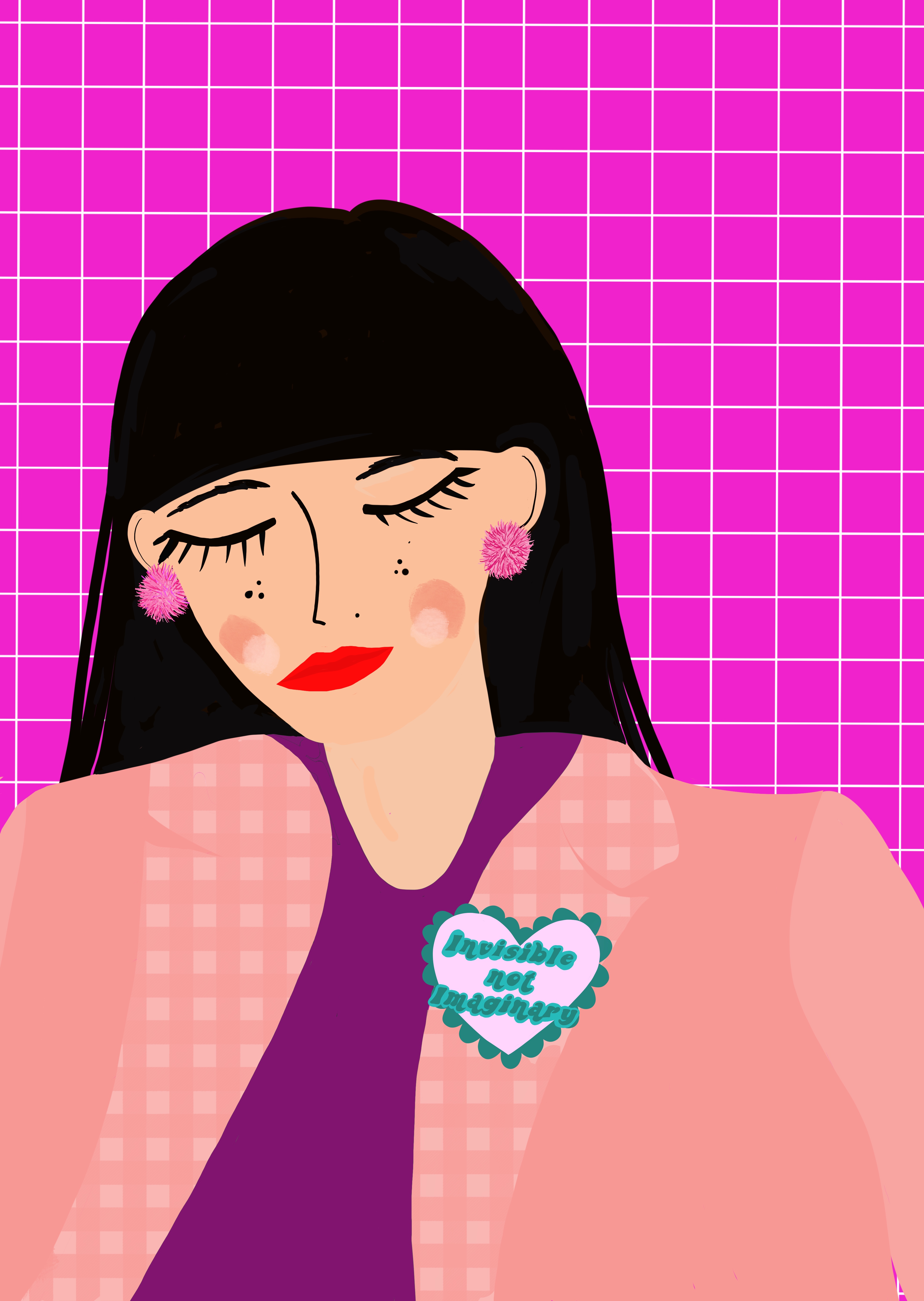 illustration of woman wearing a pink jacket and a badge saying invisible not imaginary, there is a fluorescent background