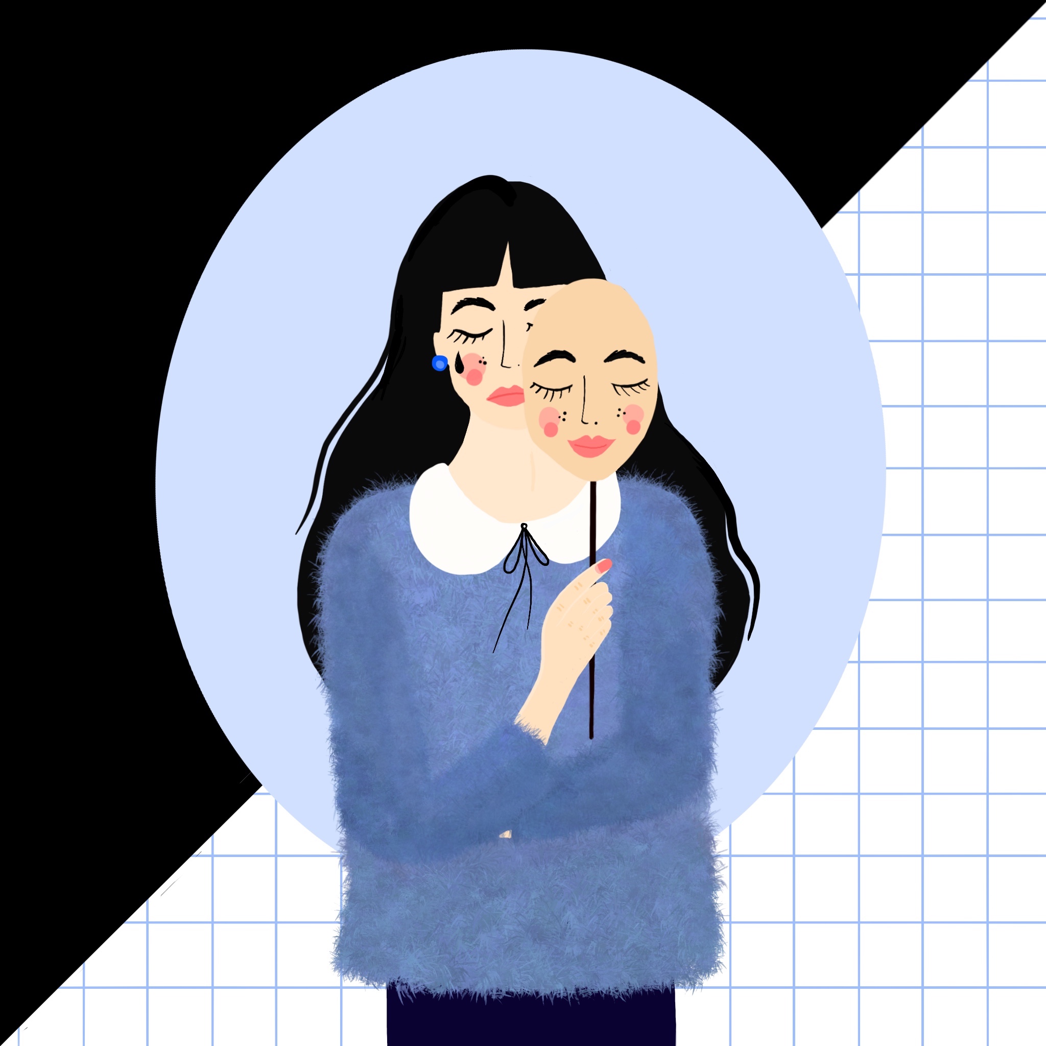 illustration of a woman holding a happy mask up against her sad face