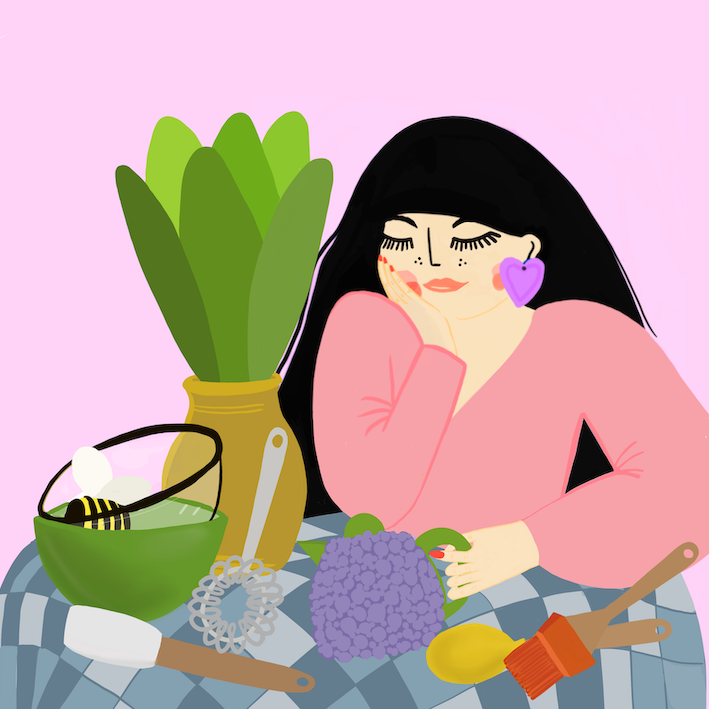 illustration of woman sat at table with lots of different objects on the table