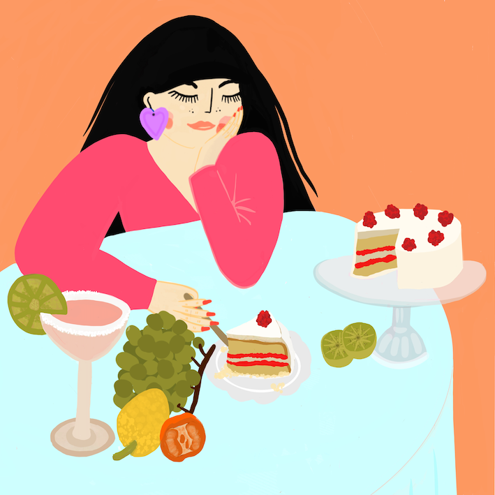 illustration of woman sat at table with a fork eating cake