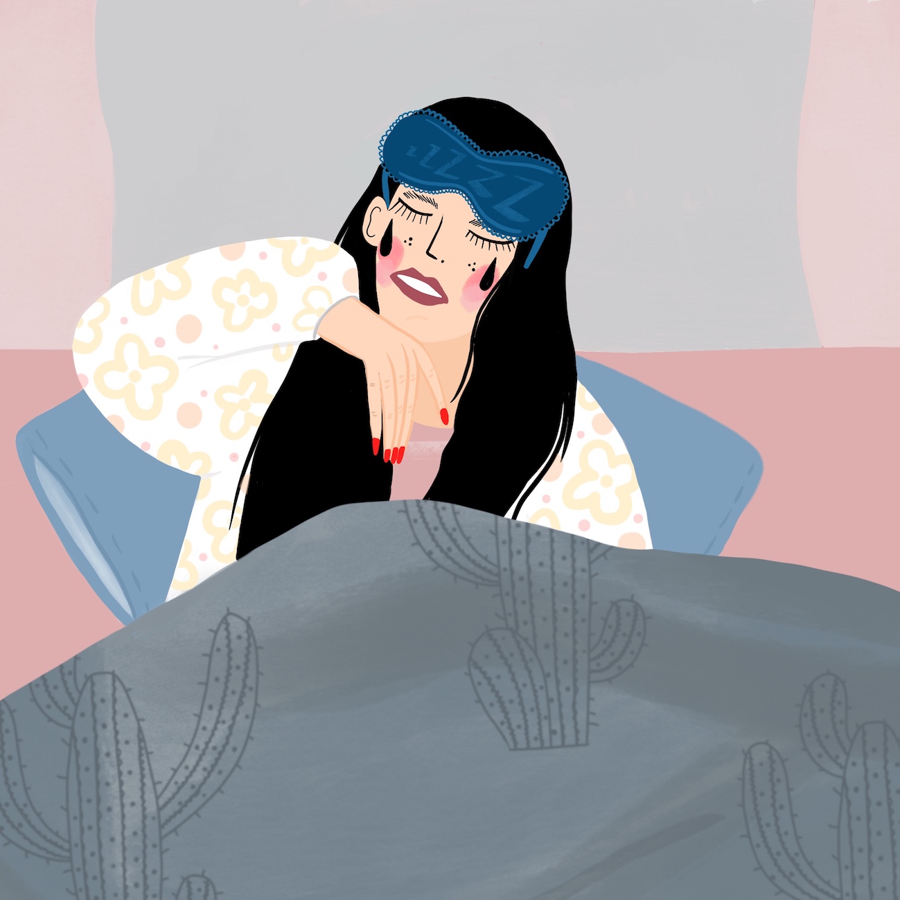 illustration of a crying woman in bed with sore joints wearing a sleeping mask on her forehead