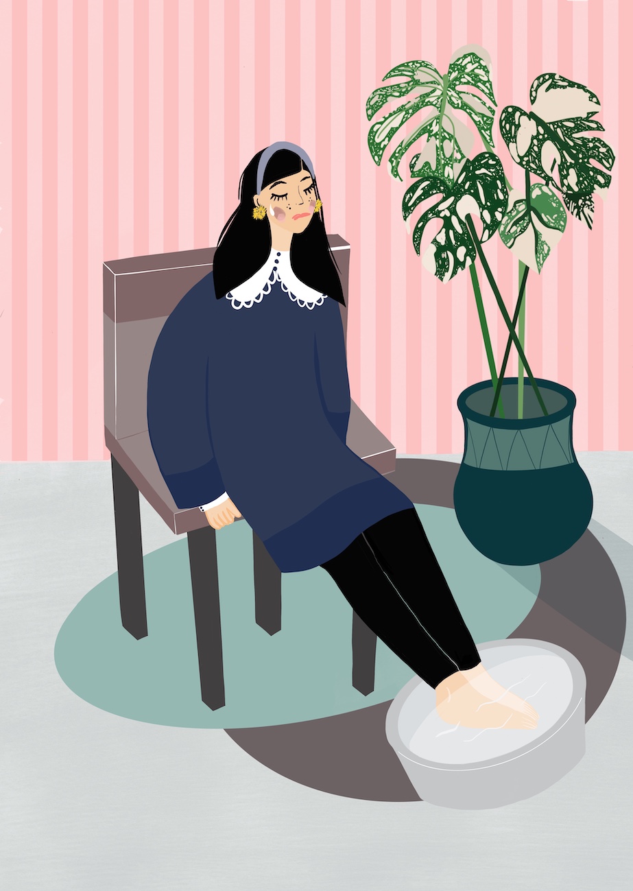 illustration of woman sat down soaking her feet in a bowl, the room has stripped wallpaper and there is a large plant on the corner