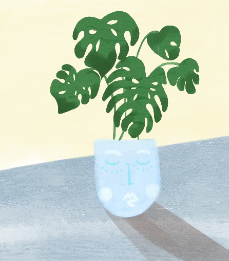 illustration of plants in a blue vase with a face on it