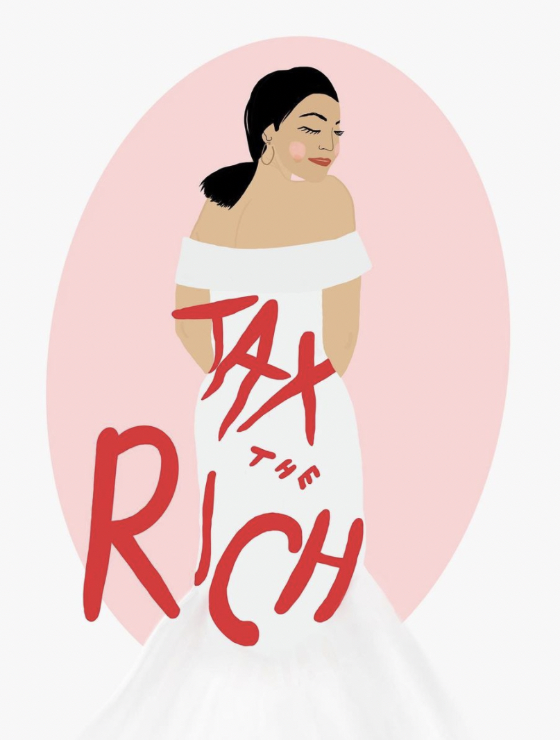 illustration of alexandra ocasio cortez wearing the famous tax the rich dress