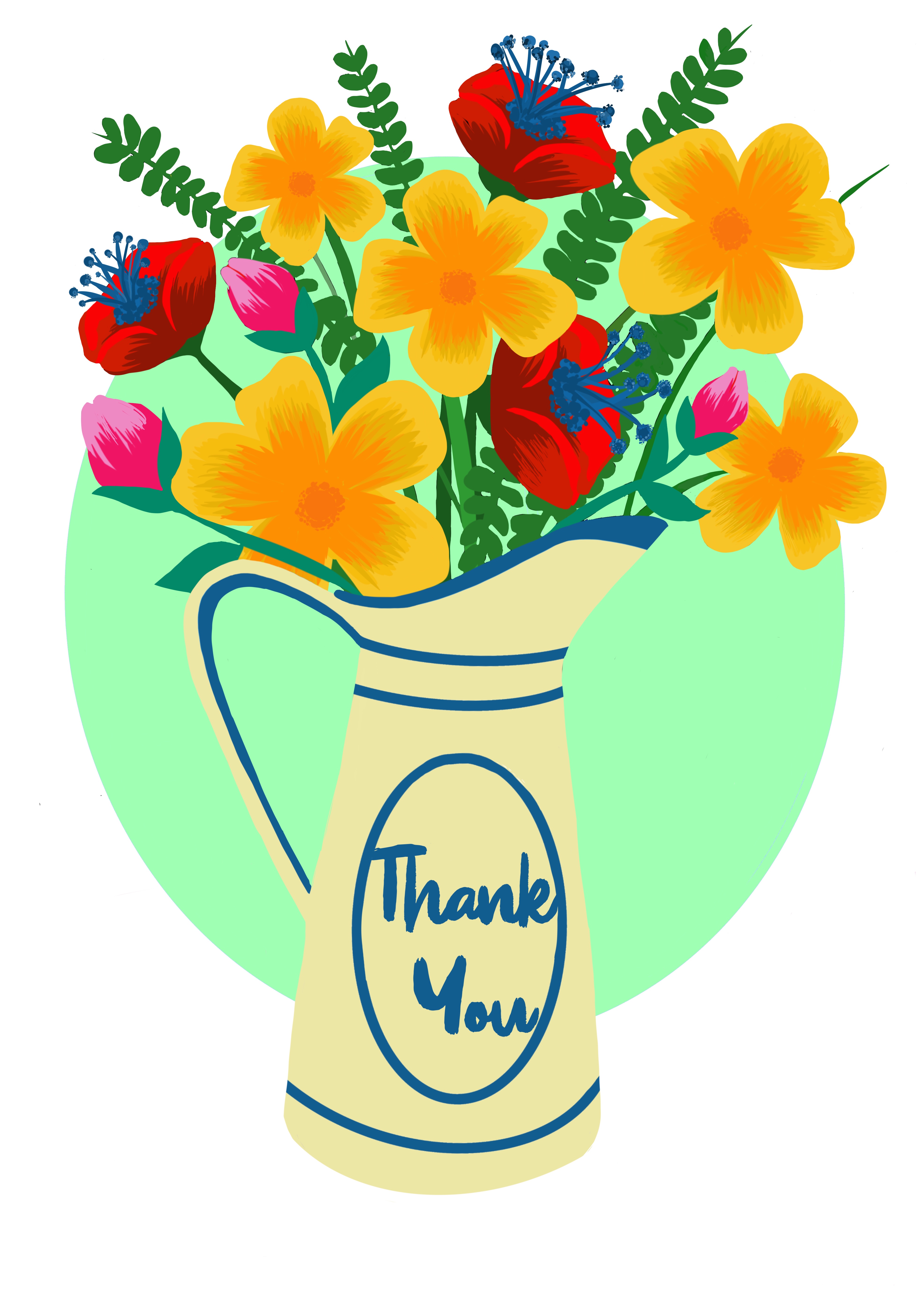 illustration of vase with flowers, on the vase is written thank you